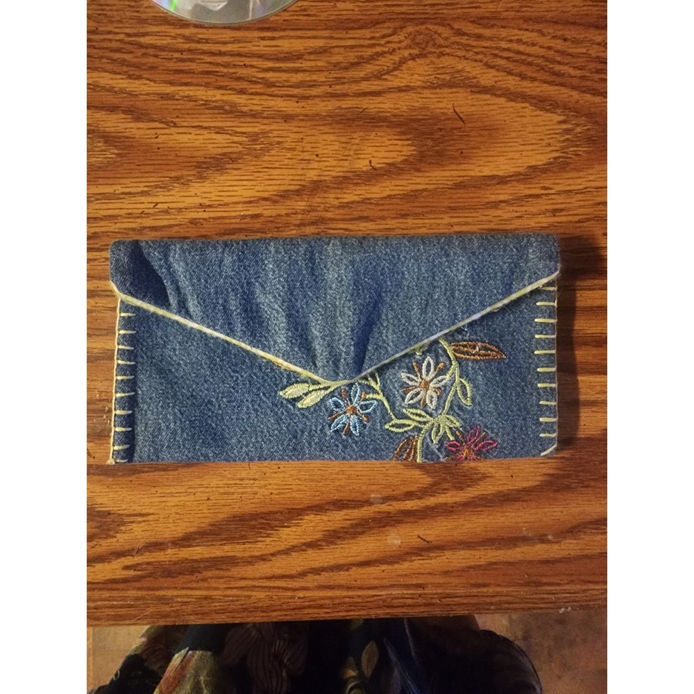 Vintage Y2k Floral Embroidered Denim Envelope Wallet Clutch